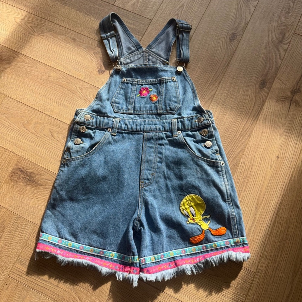 Looney Tunes Tweety Bird Denim Overalls Girls 10/12 Vintage 90s Kidcore